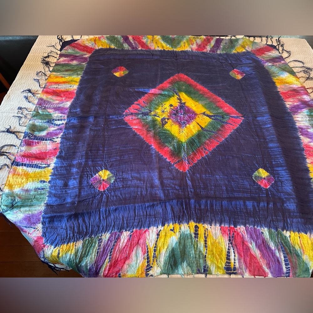 Vintage 1980’s Tie Dye Square Scarf/Shawl 42” x 42” Rainbow with Fringe